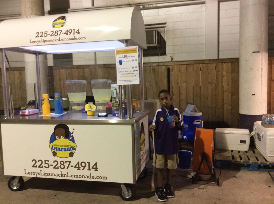 Leroy selling lemonade at LSU Home game season kickoff