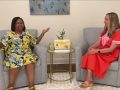 Ms. Sherilyn and company sitting in chairs on a podcast set