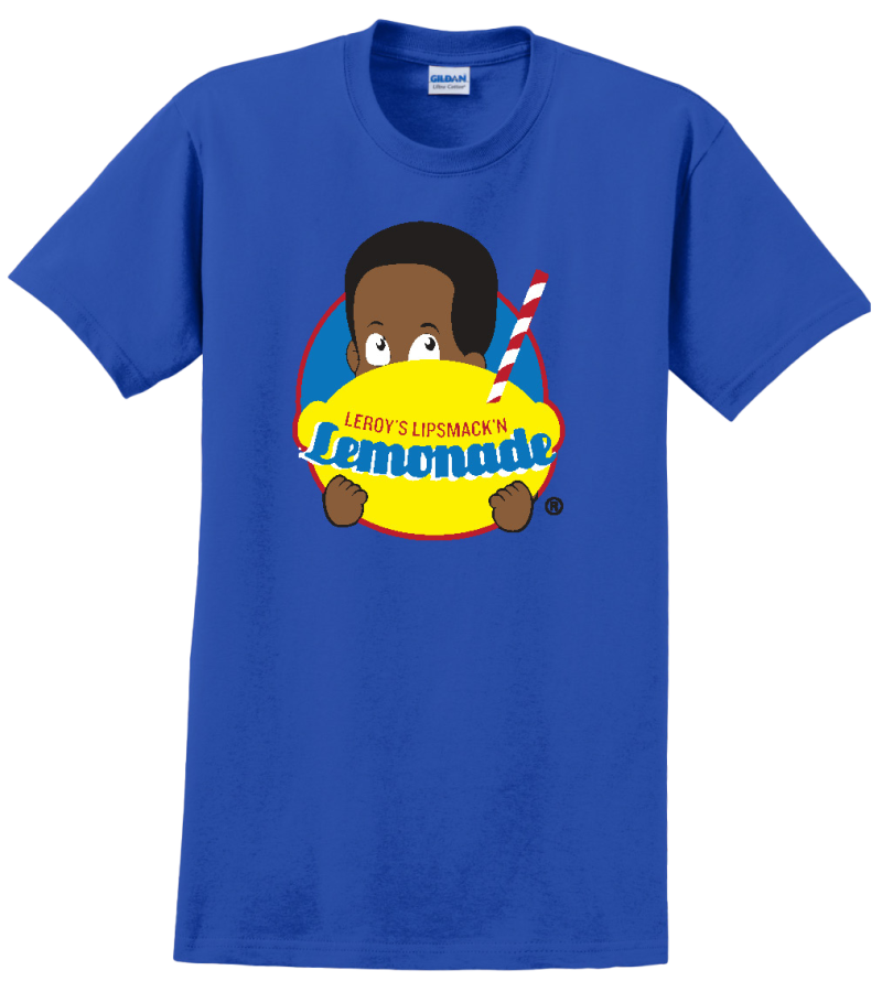 Leroy's LipSmack'n Lemonade Logo T-Shirt in Blue, featuring the lively and colorful lemonade logo